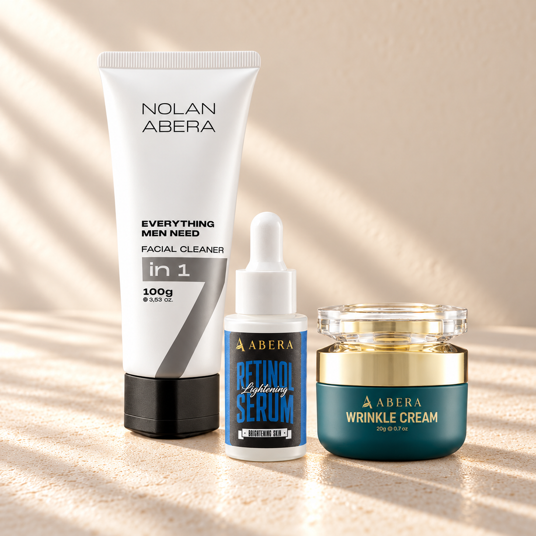 Men PM Trio: 1 × Nolan Men's Daily Cleanser — 100 g; 1 × Men's Retinol Serum — 20 ml; 1 × Anti-Wrinkle Cream — 20 g