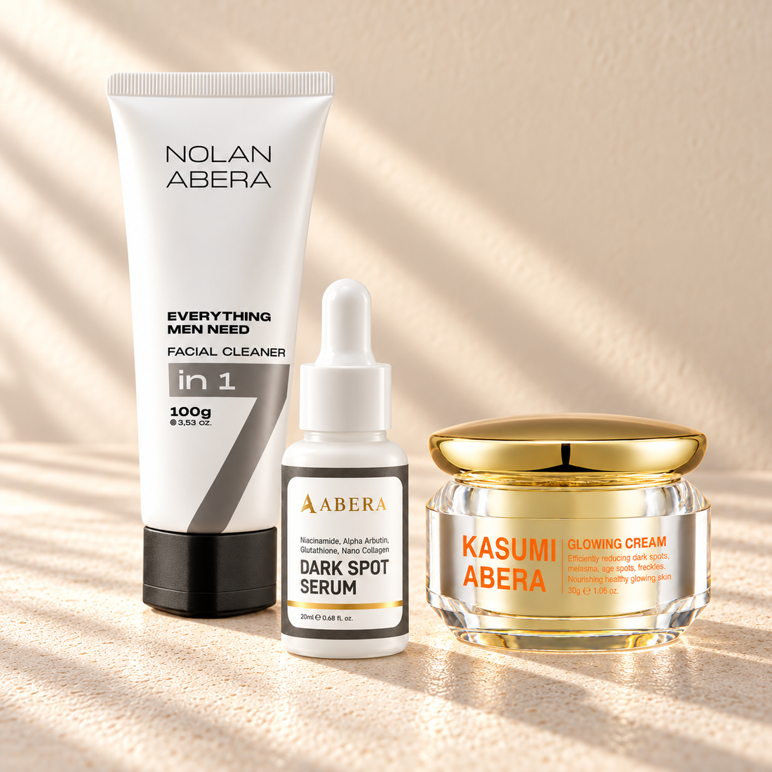 Men Tone Trio: 1 × Nolan Men's Daily Cleanser — 100 g; 1 × Dark Spot Serum — 20 ml; 1 × Kasumi Glowing Cream — 30 g
