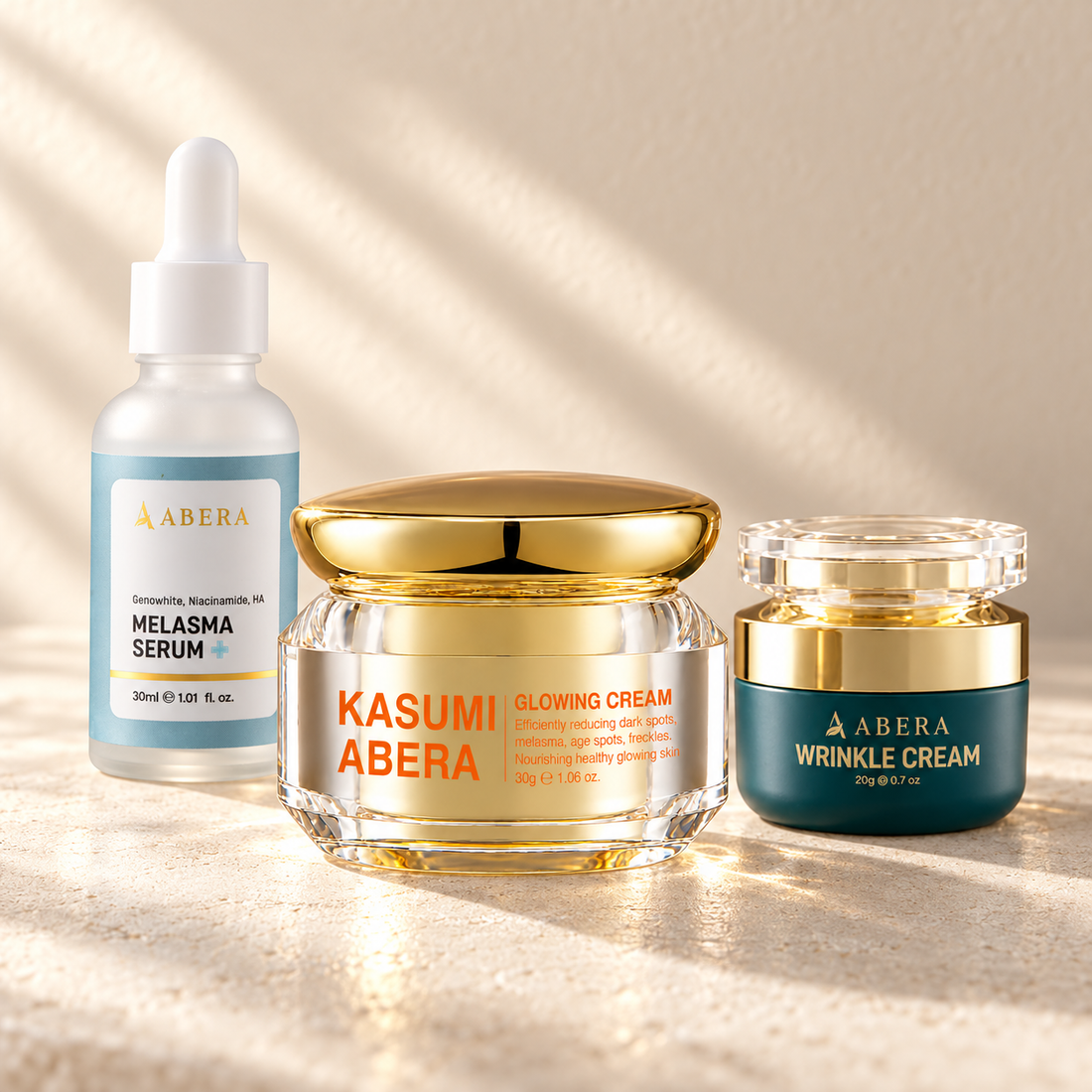 Tone AM/PM Trio: 1 × Melasma Serum+ — 30 ml; 1 × Kasumi Glowing Cream — 30 g; 1 × Anti-Wrinkle Cream — 20 g